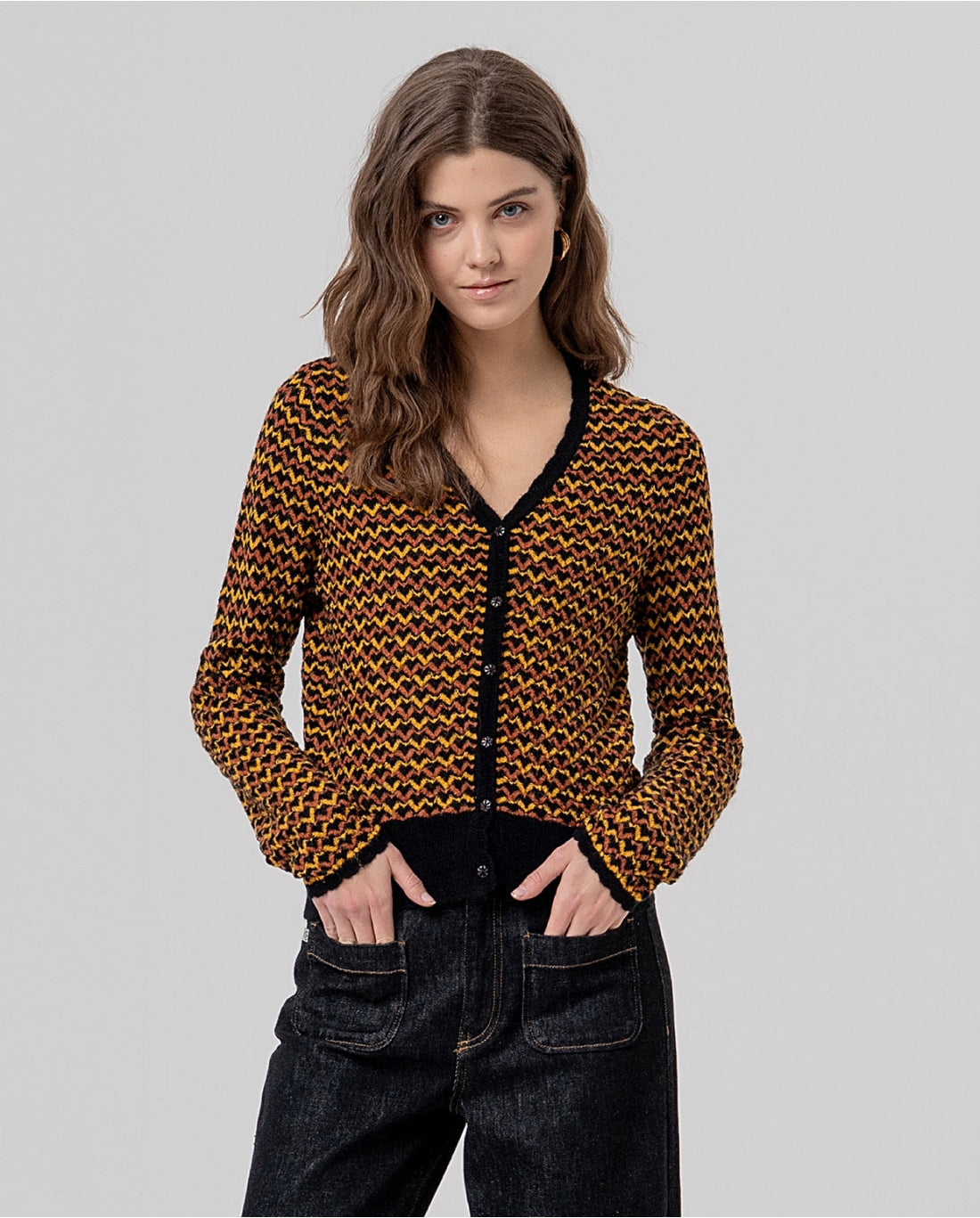 Cardigan de Malha Multicolor com Padrão Ziguezague