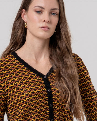 Cardigan de Malha Multicolor com Padrão Ziguezague