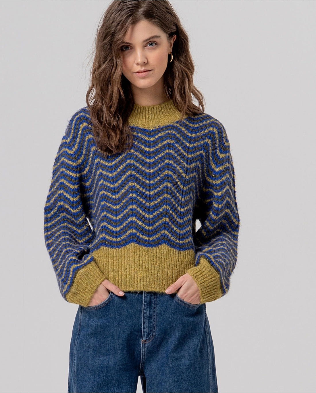 Camisola de Malha Bicolor com Padrão Ziguezague