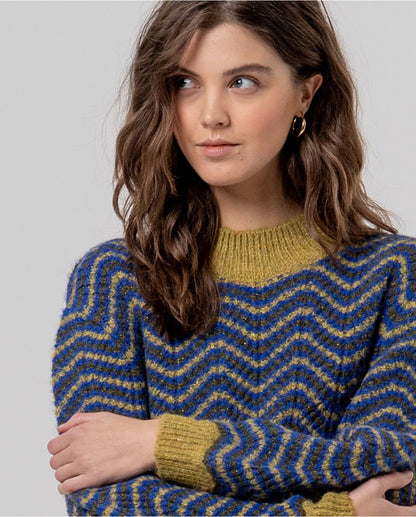 Camisola de Malha Bicolor com Padrão Ziguezague