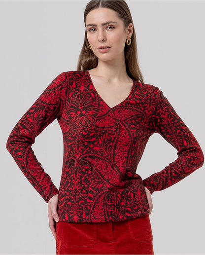 Camisola de Malha Fina Estampada com Decote em V